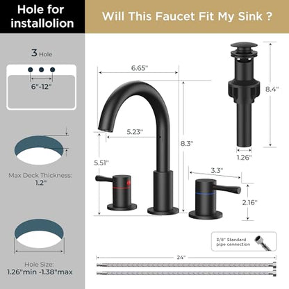 FORIOUS Bathroom Faucet 3 Hole, 360° Swivel 8 Inch Sink Faucet Matte Black | with Pop Up Drain, 2 Handles,for Sink Vanity RV Lavatory Farmhouse, 304 Stainless Steel, Lead-free, Leakproof - color: Matte Black