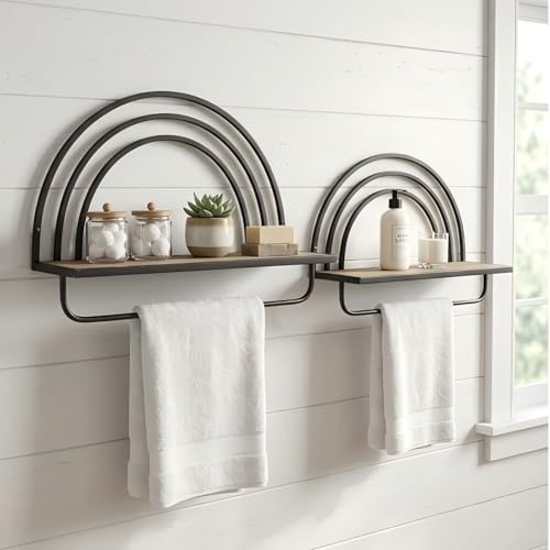 Oakrain Black Wall Shelf with Arched Metal Frame, Set of 2, 13"&16" | Rustic Wood Floating Shelves, Farmhouse Towel Rack for Bathroom, Entryway, Living Room, Bedroom - color: Black
