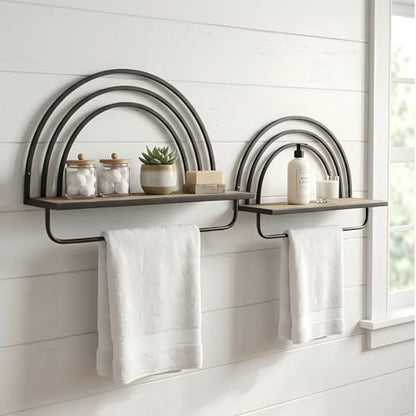 Oakrain Black Wall Shelf with Arched Metal Frame, Set of 2, 13"&16" | Rustic Wood Floating Shelves, Farmhouse Towel Rack for Bathroom, Entryway, Living Room, Bedroom - color: Black