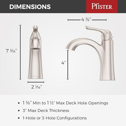 Pfister Willa Single Handle Bathroom Sink Faucet 1 Hole NSF Certified Spot Defense Brushed Nickel Finish with Push & Seal Drain WaterSense Compliant Vanity Faucet LF042MALGS - color: Spot Defense Brushed Nickel, size: 1 Pack