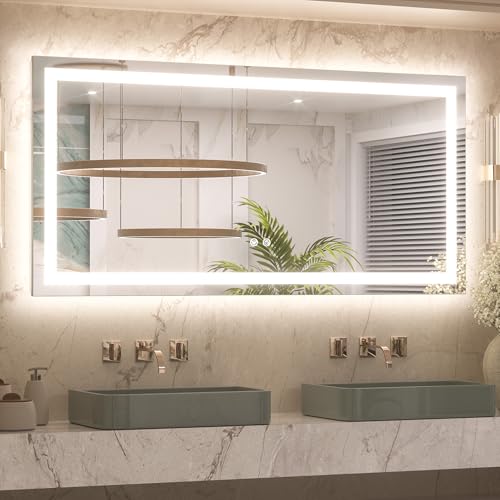 Keonjinn 48x24 Inch LED Bathroom Mirror with Lights, Frontlit & Backlit | HD Tempered Grass, 3-Color Temperature & Stepless Dimmable Lighting, Fast & Safe Defogging, Effortless Installation - size: 24"L x 48"W