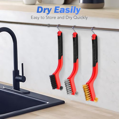 Wire Brush Set, 6 Pcs Brass/Stainless Steel/Nylon Wire Brushes | Red, 7" Total Length for Tight Spaces, For Cleaning with Curved Handle Grip for Rust Removal, Dirt, Paint Scrubbing - style: Red-6pcs