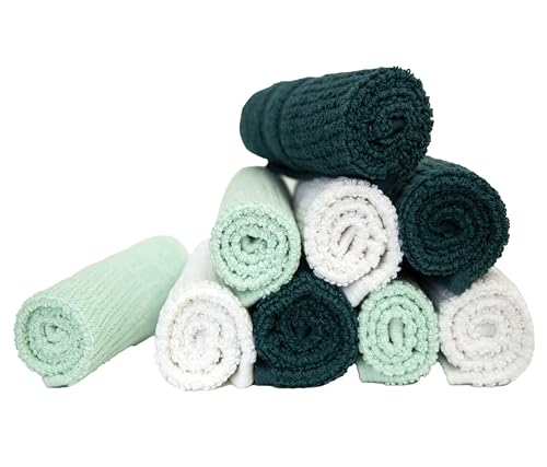 PH Pleasant Home Ribbed Wash Cloths Set - 12 Pack (12” x 12”) – 509 GSM - 100% Ring Spun Cotton Wash Cloth - Super Soft and Highly Absorbent Face Towels (Green, White, Mint) - color: Green, White & Mint, style: Ribbed