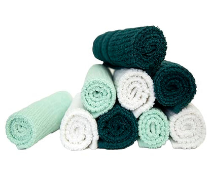 PH Pleasant Home Ribbed Wash Cloths Set - 12 Pack (12” x 12”) – 509 GSM - 100% Ring Spun Cotton Wash Cloth - Super Soft and Highly Absorbent Face Towels (Green, White, Mint) - color: Green, White & Mint, style: Ribbed
