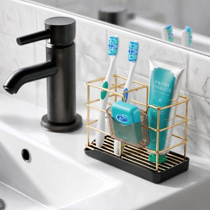 HBlife Toothbrush Holders for Bathrooms Gold, Small Stainless Steel Bathroom Toothbrush Holder with Tray, Bathroom Accessories and Apartment Essentials - color: Gold