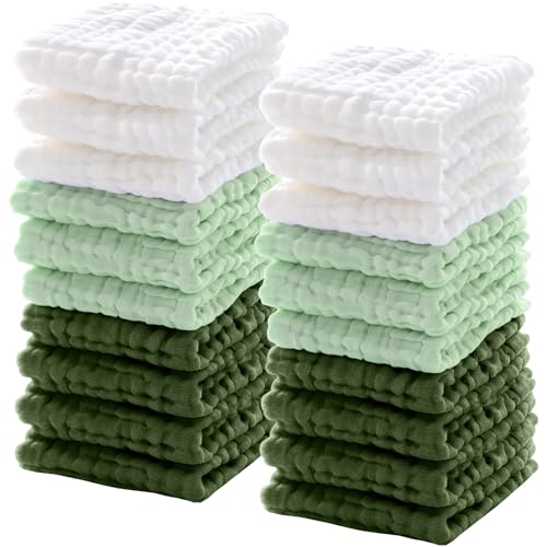 20 Pcs Baby Muslin Washcloth 12 x 12 Inch 100% Cotton Soft and Absorbent Muslin Washcloth Burp Cloth Wipe Newborn Face Towel for Baby Boy Girl Sensitive Skin(White, Light Green, Green) - color: White, Light Green, Green