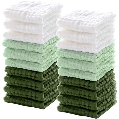 20 Pcs Baby Muslin Washcloth 12 x 12 Inch 100% Cotton Soft and Absorbent Muslin Washcloth Burp Cloth Wipe Newborn Face Towel for Baby Boy Girl Sensitive Skin(White, Light Green, Green) - color: White, Light Green, Green