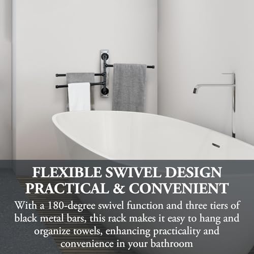 MyGift Swivel Towel Rack, Wall Mounted Towel Holder with 3 Tier Industrial Metal Pipe Towel Bars, Wooden Base Rustproof Swing Out Towel Hanger for Bathroom, Kitchen, Pool (White) - color: Whitewashed / Black