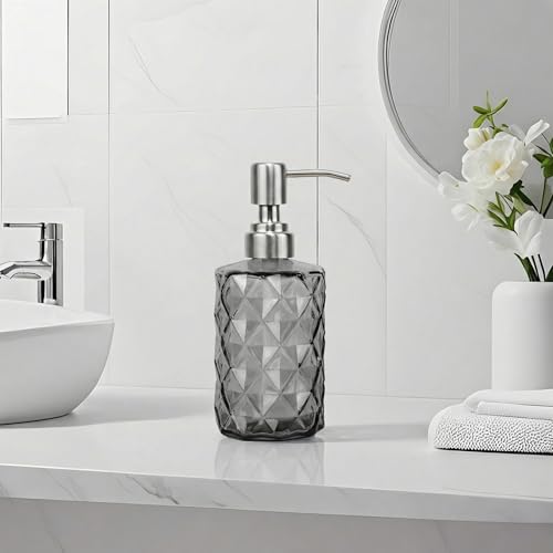 12Oz Gray Glass Soap Dispenser, Liquid Hand Bottle, Stainless Steel Pump | Refillable Clear Kitchen Soap Dispenser with Diamond Design, for Hand soap, Dish Soap, Lotion, Bathroom, Countertop, Hotel - color: Diamond Gray