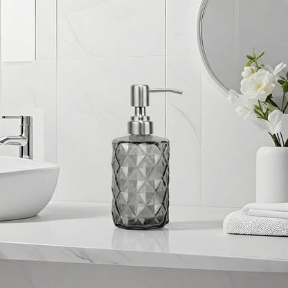 12Oz Gray Glass Soap Dispenser, Liquid Hand Bottle, Stainless Steel Pump | Refillable Clear Kitchen Soap Dispenser with Diamond Design, for Hand soap, Dish Soap, Lotion, Bathroom, Countertop, Hotel - color: Diamond Gray