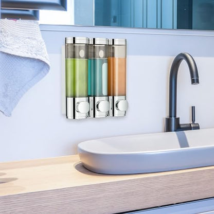 Pollock Shampoo and Conditioner Dispenser Wall Mounted | Shower Soap Dispenser 2 Chamber No Drill, Shampoo Dispenser for Shower, Body Wash Dispenser for Bathroom, Large Capacity - color: Silver Dg3 Chamber