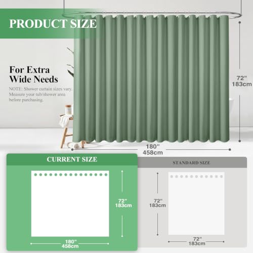 Dynamene Extra Wide Shower Curtain - 180 Inch Wide Waffle Weave Weighted Thick Cloth Bathroom Shower Curtain, Neutral Heavy Duty Hotel Bath Curtain Set with 32 Plastic Hooks,180x72, Sage Green - color: A. Sage Green, size: 180"W x 72"L (Pack of 1)