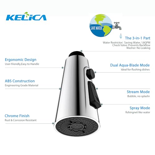 Kelica Kitchen Faucet Spray Head Replacement for Pull Down Kitchen Faucet, Fishing net Kitchen Sink Sprayer Nozzle, Chrome