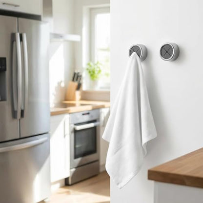 Round Adhesive Push Towel Hooks for Kitchen & Bathroom, Grey, 2 Pack – Self Adhesive Wall Hooks for Hand & Dish Towels, No Drill or Screw Mount Options