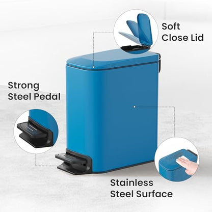 Cesun Small Bathroom Trash Can with Lid, 1.6 Gal, Soft Close, Blue | Step pedal soft close, Slim 5.9in fits narrow spaces, Stainless steel, Anti-fingerprint, Removable inner bucket, Odor seal - color: Blue