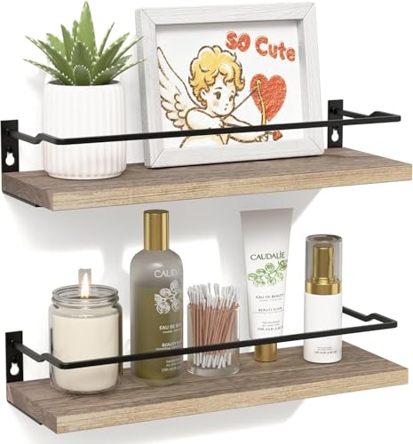 RICHER HOUSE Floating Shelves Bathroom, Small Wall Shelf Over Toilet 2 Set | Wall Mounted Shelves Decor for Bathroom, Kitchen, with Metal Guard-Rail, Paper Storage Shelf, Rustic, Wood, Carbo - color: Carbonized Black