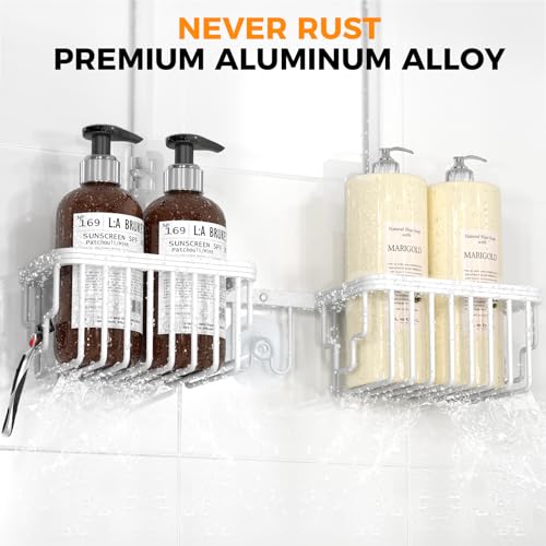 Adjustable Aluminum Shower Caddy Hanging for Handheld Showerhead, White | Rustproof Aluminum, Shower Organizer, Anti-Slip, Quick-Drain Shelf, 40lbs Capacity, Suction Cups, 8 Hooks, Razor Soap Holders - color: White
