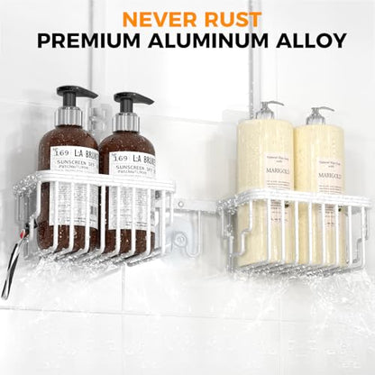 Adjustable Aluminum Shower Caddy Hanging for Handheld Showerhead, White | Rustproof Aluminum, Shower Organizer, Anti-Slip, Quick-Drain Shelf, 40lbs Capacity, Suction Cups, 8 Hooks, Razor Soap Holders - color: White