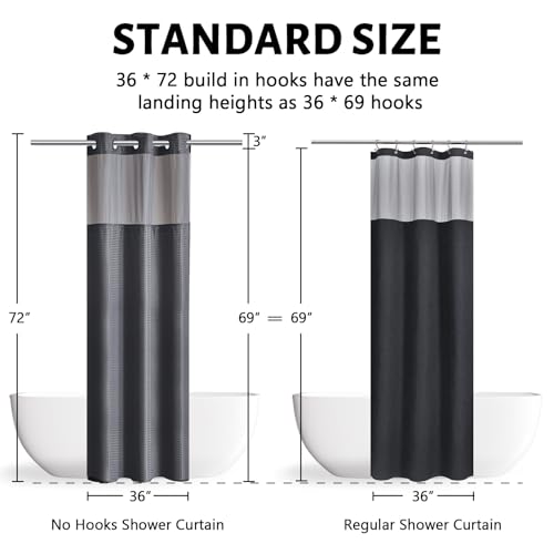 Furlinic Dark Grey Small Stall No Hook Shower Curtain with Snap in Liner,Waffle Weave Heavy Duty Fabric Waterproof Bathroom Curtains,Washable Shower Curtain Set with See Through Window 36x72 Inch - color: Dark Grey, size: 36"W x 72"L (Pack of 1)