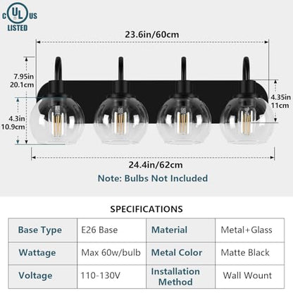 Dpyrrhic Industrial Bathroom Vanity Light， 4-Light Bathroom Lights Over Mirror with Clear Glass Globe Shade and Metal Base, Matte Black Bathroom Vanity Light Fixture - color: Black, size: 4-Light