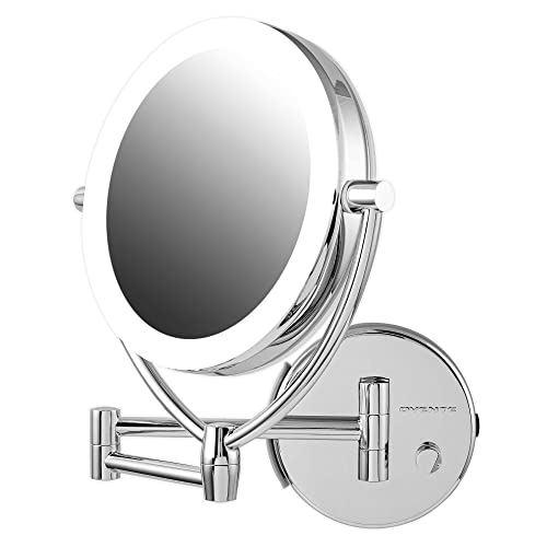 Ovente 7.5" Lighted Wall Mount Makeup Mirror, 1X & 10X Magnifier, Spinning Double Sided Round LED w/ Dimmer Switch, Extend, Retractable & Folding Arm, Battery USB Powered Polished Chrome MLW75CH1X10X - color: Polished Chrome, size: 10.3"L x 12.4"W, style: