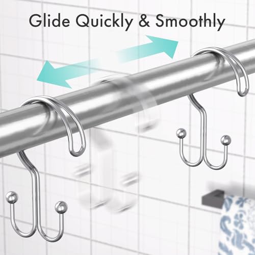 Bathway Shower Curtain Hooks Ring Chrome, 12 Pcs Double Sided Shower Hooks, Rust Proof Metal Shower Hooks for Bathroom, Anti-Drop Shower Rings for Shower Curtain & Liners - color: Chrome, style: Double-layer Shower Hooks