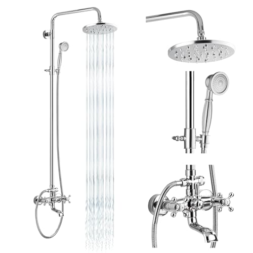 gotonovo Exposed Shower Tub Faucet Set 3 Function Wall Mount,Polish Chrome | Shower System Fixtures with Tub Spout,8” Rain Head and Handheld,360°Rotation,Adjustable Height,for 5-6.7" Hole,Outdoor/Indoor - color: Chrome