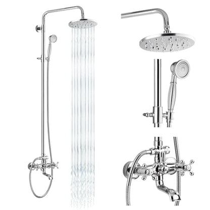 gotonovo Exposed Shower Tub Faucet Set 3 Function Wall Mount,Polish Chrome | Shower System Fixtures with Tub Spout,8” Rain Head and Handheld,360°Rotation,Adjustable Height,for 5-6.7" Hole,Outdoor/Indoor - color: Chrome