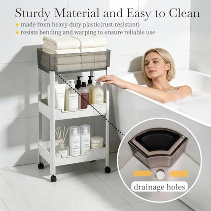 3 Tier Rolling Cart with Wheels 4.7'' Deep Baskets Bathroom Storage Shelf Heavy Duty Plastic Bedside Cart, Large Capacity Snack Stand Diaper Caddy Laundry Room Kitchen Organizer, White - size: 3-tier