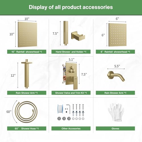VANFOXLE Shower System Brushed Gold Shower Faucet Set, Push Button Diverter | 10 Inch Ceiling Mount Rain Head Increased Thick, 6 Inch Side Head, 2-in-1 Handheld Sprayer, Solid Brass Valve, Rust Resistant - color: Brushed Gold, style: 10"+6" Head