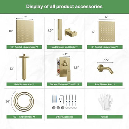 VANFOXLE Shower System Brushed Gold Shower Faucet Set, Push Button Diverter | 10 Inch Ceiling Mount Rain Head Increased Thick, 6 Inch Side Head, 2-in-1 Handheld Sprayer, Solid Brass Valve, Rust Resistant - color: Brushed Gold, style: 10"+6" Head