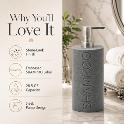 Resin Neutral Gray Sandstone Shampoo Engraved Bottle Refillable Pump Dispenser, Durable Waterproof Resin Construction for Bath, Shower - Gray Sandstone Satin Nickel Pump - color: Gray Sandstone Resin, Nickel Pump - Shampoo