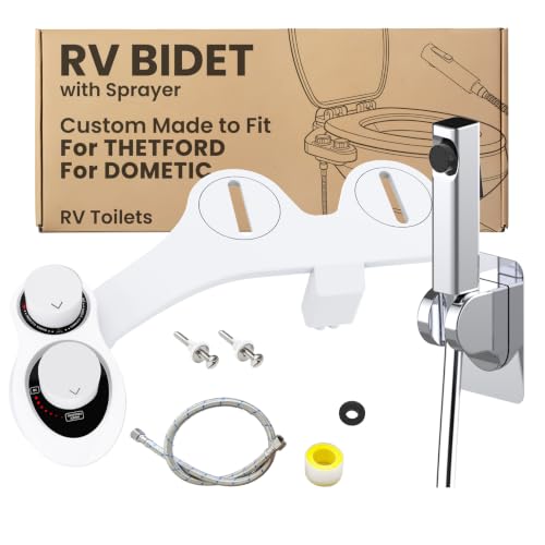 2-in-1 RV Bidet Attachment and Handheld Sprayer Combo for Camper Toilet, Non-Electric Dual Nozzle Toilet Bidet with Metal Spray Wand, Adjustable Pressure - color: White Knob