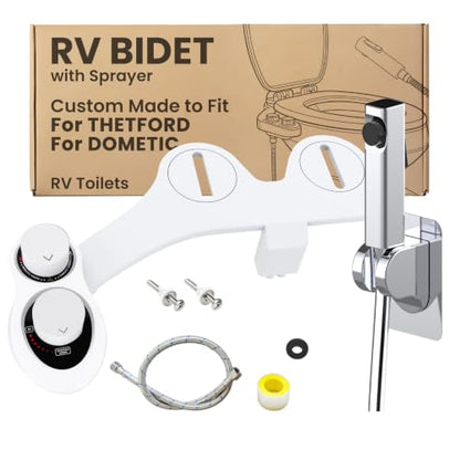 2-in-1 RV Bidet Attachment and Handheld Sprayer Combo for Camper Toilet, Non-Electric Dual Nozzle Toilet Bidet with Metal Spray Wand, Adjustable Pressure - color: White Knob