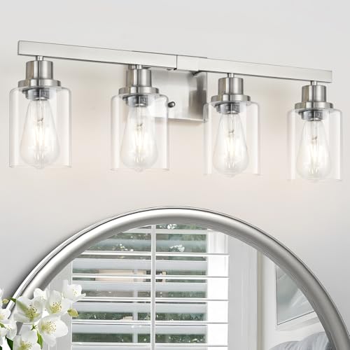 Bathroom Vanity Light, 4-Light Nickel Modern Matte Wall Sconce Lighting with Clear Glass Shade, Wall Lights,Bath Vintage Wall Mounted Lamps for Mirror Bedroom Living Room - color: Nickel, size: 4-light