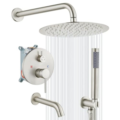 gotonovo Tub Shower Faucet Set with Valve,Brushed Nickel,Straight Handheld | 10” Rain Shower Head with Handheld Trim Kit,Luxury Shower System with Tub Spout,All Metal,Bathroom Wall Mounted 3 Function - color: Nickel