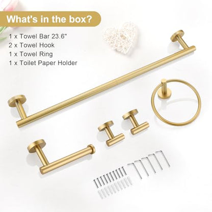 TQKAG 5 Piece Bathroom Accessories Set Brushed Gold Bathroom Hardware Set 23.6 Inch Bath Towel Bar Set SUS304 Stainless Steel Towel Rack Set - color: Brushed Gold, size: 5-Pieces Set