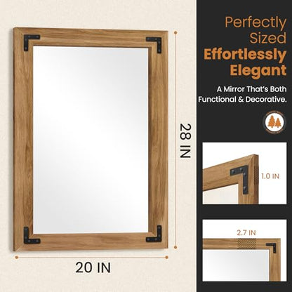 Wood Framed Bathroom Vanity Mirror for Wall, 20"x28" Farmhouse Mirror | Solid Wood Frame, HD Shatterproof Glass, Vertical/Horizontal Hanging, Ideal for Bathroom, Living Room, Bedroom - size: 28"L x 20"W