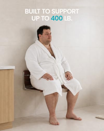 Folding Shower Seat Wall Mounted, Real Wood Shower Chair for Inside Shower | Shower bench folds to a 1.81 in profile for small spaces, 304 stainless steel frame supports 400 lb. Cherry Wood finish.