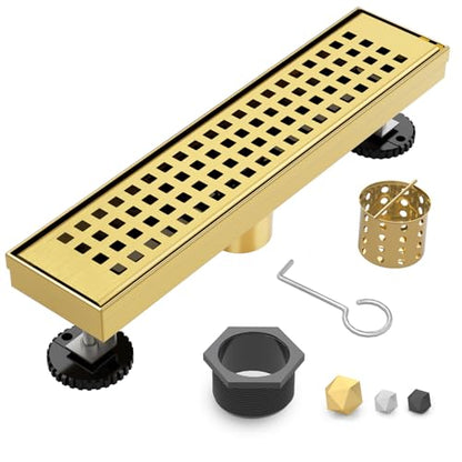 18 Inch Linear Shower Drain - Brushed Gold, with Removable Grate | AISI 304 Stainless Steel Shower Drain, Long Rectangle Shower Floor Drain with Adjustable Feet, Fits Bathroom & Balcony etc - color: Brushed Gold, size: 18 in