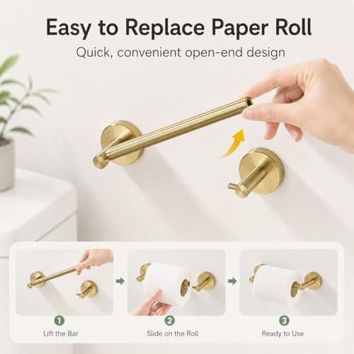 Gold Toilet Paper Holder Towel Ring, Brushed Gold Bathroom Accessories Hand Towel Holder Wall Mount Bath Hardware Set Tissue Roll Holder with Double Post SUS304 Stainless Steel 2pc