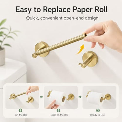 Gold Toilet Paper Holder Towel Ring, Brushed Gold Bathroom Accessories Hand Towel Holder Wall Mount Bath Hardware Set Tissue Roll Holder with Double Post SUS304 Stainless Steel 2pc