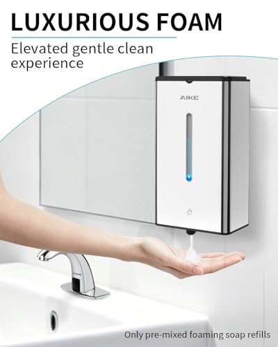 AIKE Automatic Foaming Soap Dispenser 33.8oz for Bathroom,Polished AK1207FA | Rich Foam and Steel Finish,5-Level Adjustable and Key for Commercial(Battery Not Included),Screw Wall Mount for Space-Saving - color: Polished Stainless Steel
