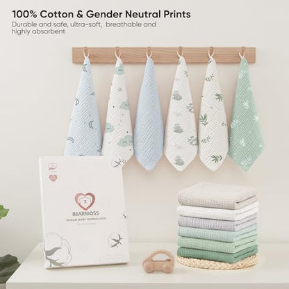 Bearmoss 12 Pack Baby Muslin Washcloths, 100% Cotton 10"x10" Face Towels | Soft Absorbent Bath Wash Cloths and Burp Cloths for Newborn Infants Kids Girls & Boys (Green Elephant) - color: Green Elephant