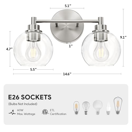 VONLUCE 2 Light Bathroom Vanity Light Fixtures, Brushed Nickel Finish | Globe Glass Shades, E26 Sockets, Easy to install, ETL Certificated, Vanity Lights for Bedroom Hallway Living Room - color: Nickel, size: 2-Light