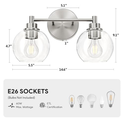 VONLUCE 2 Light Bathroom Vanity Light Fixtures, Brushed Nickel Finish | Globe Glass Shades, E26 Sockets, Easy to install, ETL Certificated, Vanity Lights for Bedroom Hallway Living Room - color: Nickel, size: 2-Light