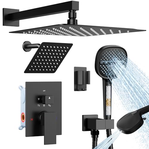Shower System Matte Black Shower Faucet Sets, Dual Head Shower Set STARBATH 12'' +6'' Wall Mount Rainfall Shower Systems with Multifunctional Filtered Handheld Sprayer for Two Person - color: Matte Black, size: 6+12 inch-03