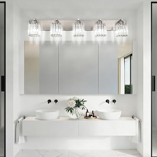 Aipsun Brushed Nickel Bathroom Lighting Fixtures 5 Light Vanity Light Crystal Modern Bathroom Vanity Light (Exclude Bulb) - color: Brushed Nickel, size: 40 inch