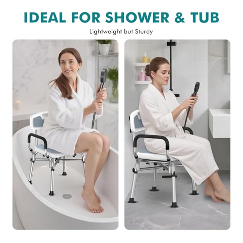 VFAUOSIT Shower Chair with Removable Arms and Back, 550 lb Adjustable Seat | Dual X-Brace Support, Non-Slip Feet, 12 Quick-Drain Holes, Tool-Free Assembly, Wide EVA Cushion, Rust-Resistant Frame - color: Gray