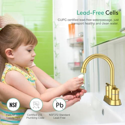Faustina Brushed Gold Bathroom Faucet, 4 Inch Centerset Faucets for Sink 2 Holes 3 Holes，Two Handles 304 Stainless Steel Faucet with Pup up Drain Assembly and 2 Water Supply Lines for RV Vanity - color: Gold, style: Modern Centerset